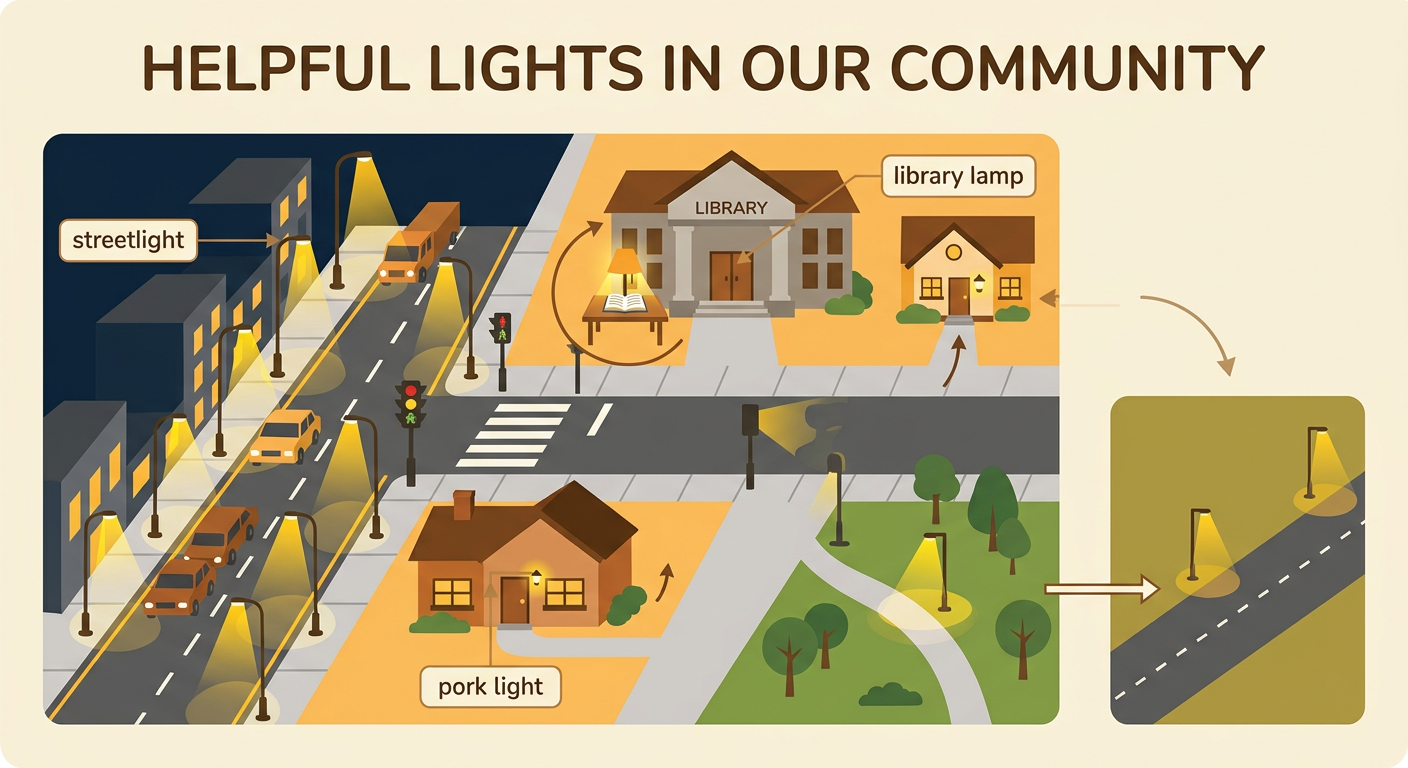 A nighttime community scene shows a streetlight, library lamp, porch light, and park light helping people see.