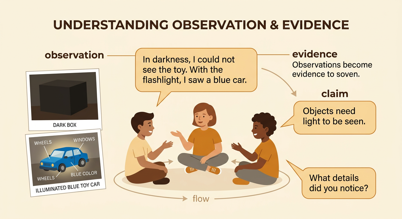 Two children discuss the box investigation using an observation as evidence for a claim about light.