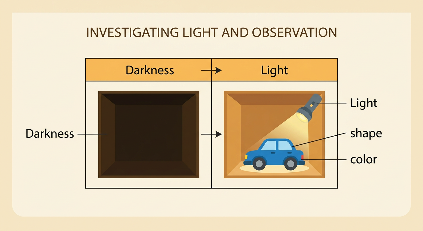 A two-column chart compares an unseen toy in Darkness with a clearly visible toy showing shape and color in Light.