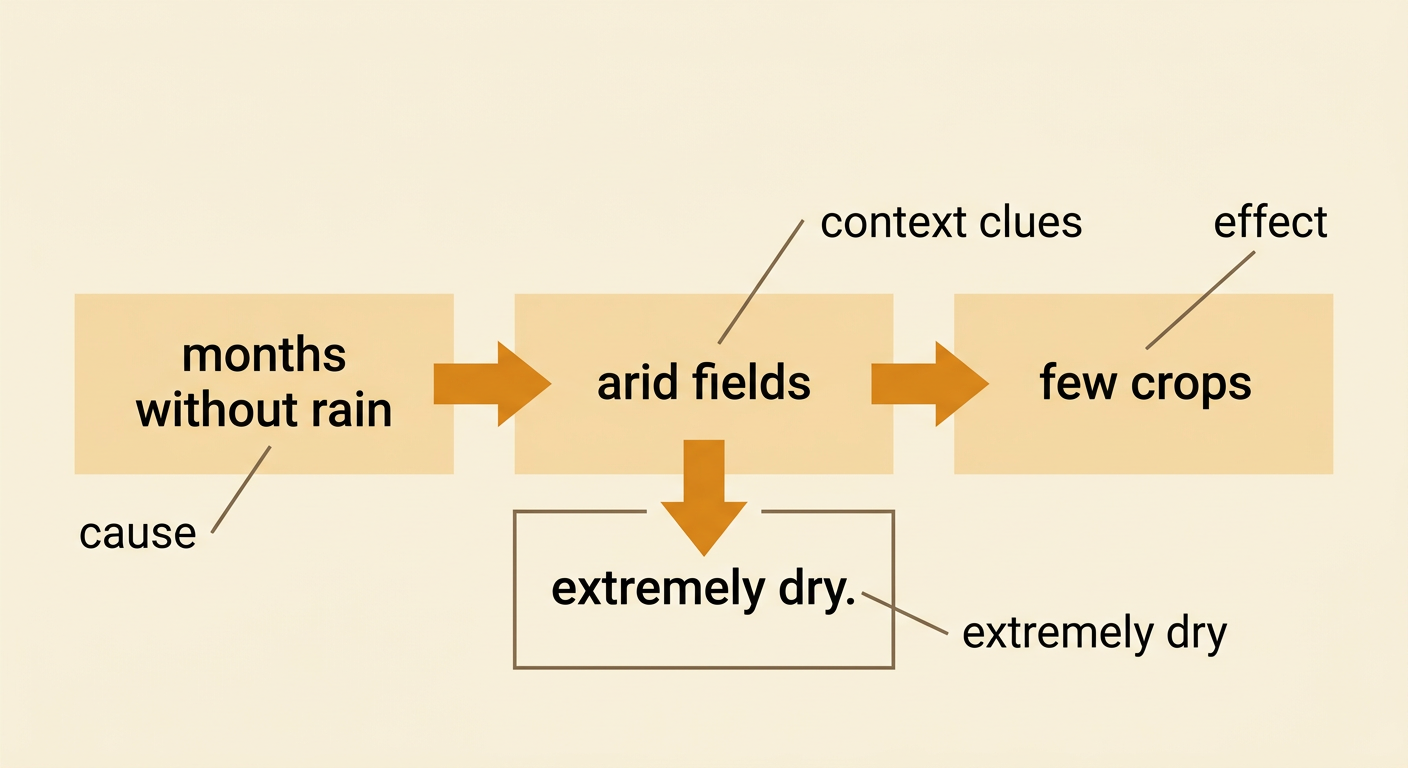 The arid-fields sentence is illustrated with arrows connecting the lack of rain, the dry land, and the small crop harvest.