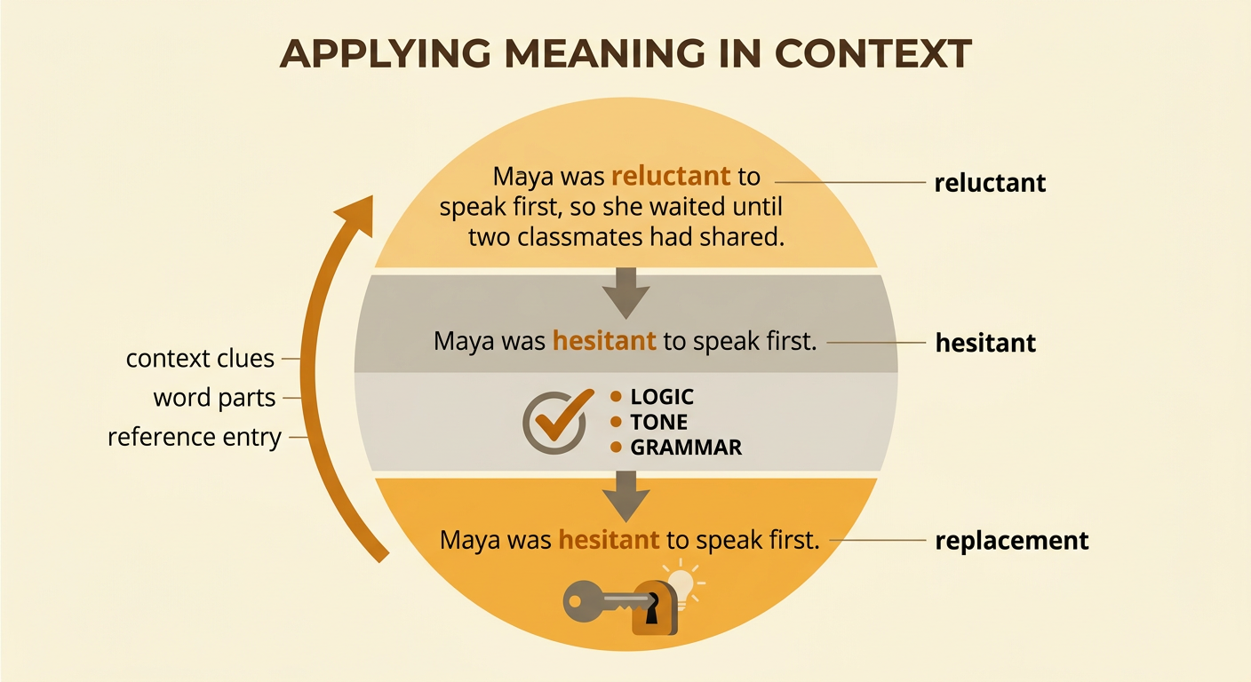 Maya waits while two classmates speak, with the original sentence and its tested replacement shown beside her.