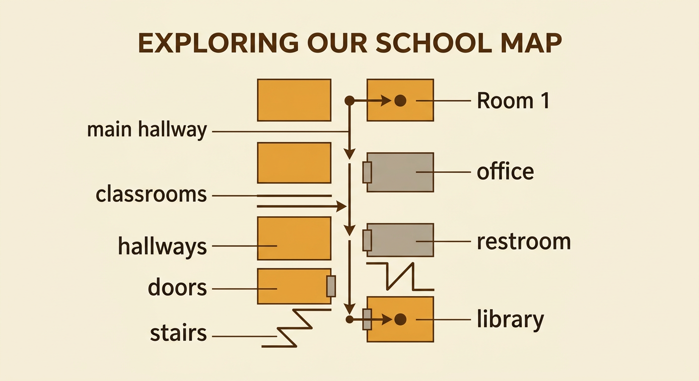 A top-down school map shows a path through the main hallway from Room 1 past the office to the library.