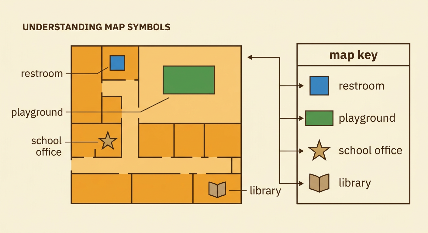 A simple school map and its key match symbols to the restroom, playground, school office, and library.