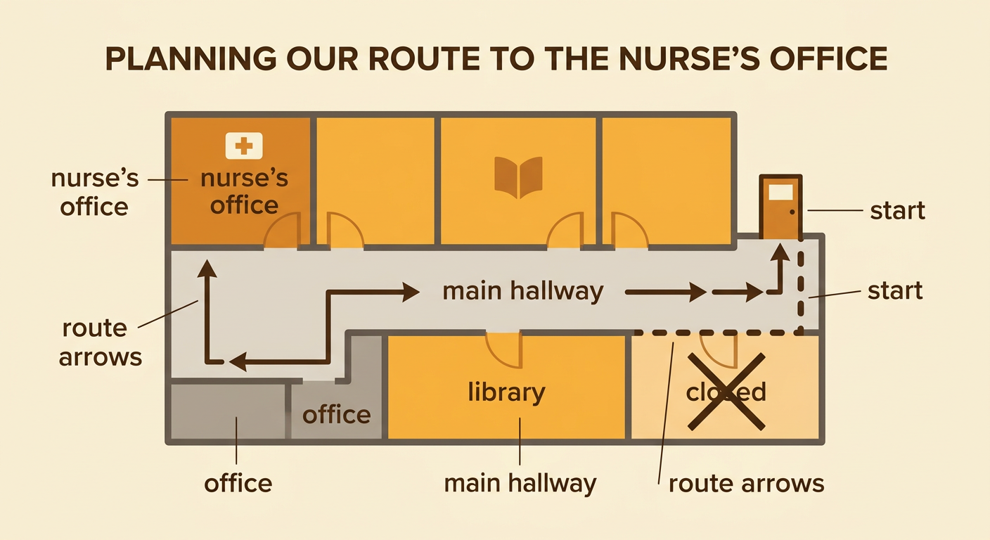 A school route with arrows leads from the start through the main hallway, past the library and office, to the nurse's office.