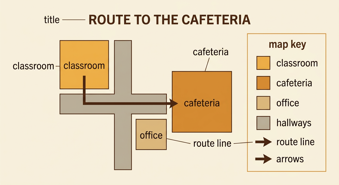 A finished student map shows a labeled route with arrows from the classroom to the cafeteria and includes a map key.