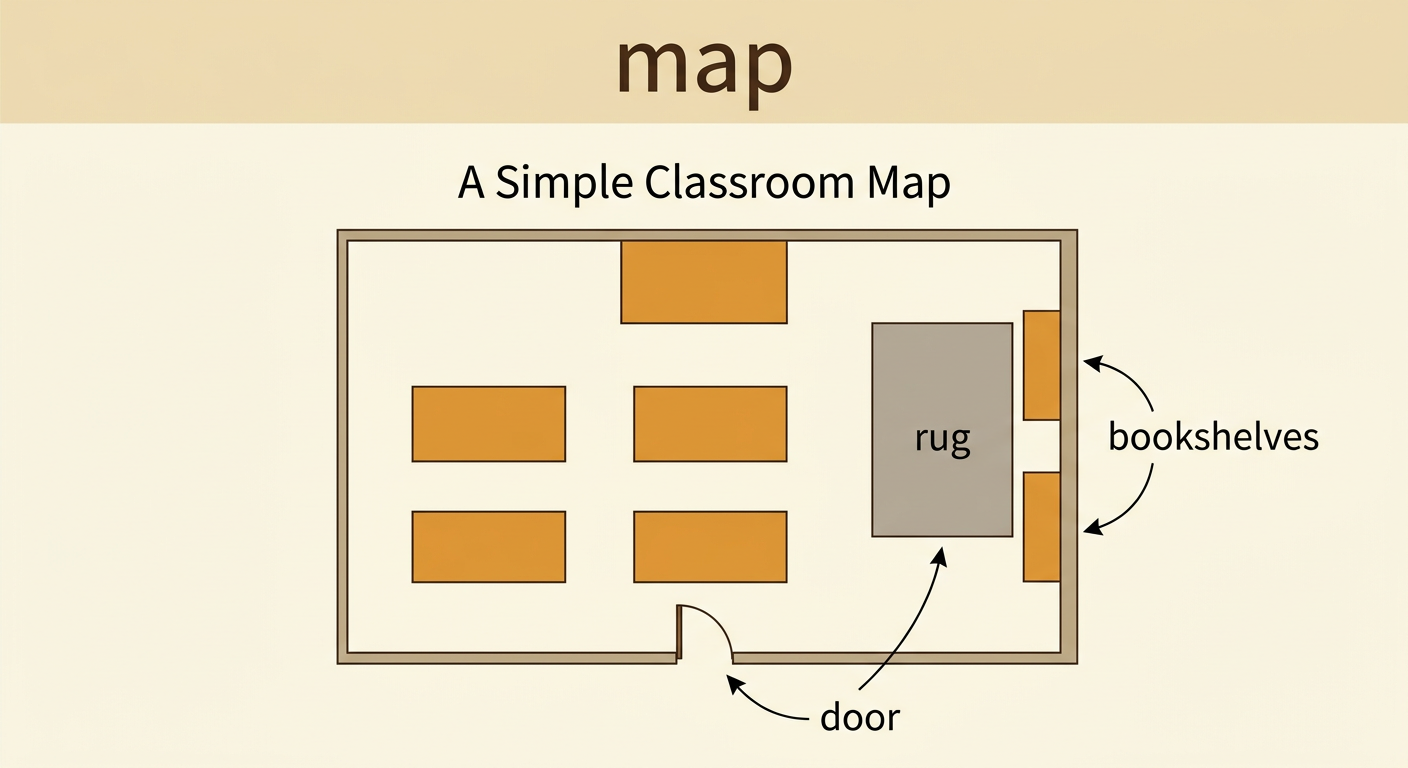 A top-down classroom map shows the door, rug, bookshelves, tables, and spaces between them.