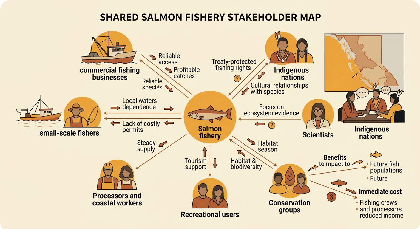 A public meeting brings together fishing businesses, small-scale fishers, Indigenous nations, scientists, and coastal workers around a salmon closure map.