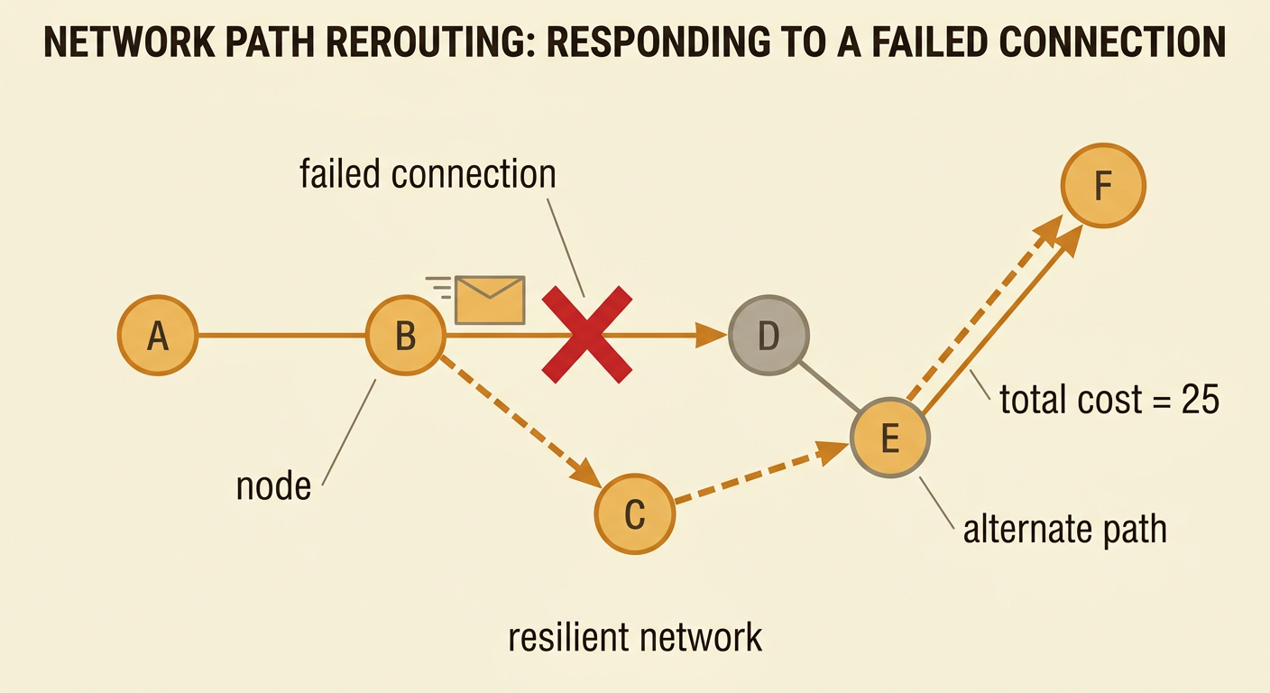 The network map shows B-D crossed out while a packet follows an alternate path from B through C and E to F.