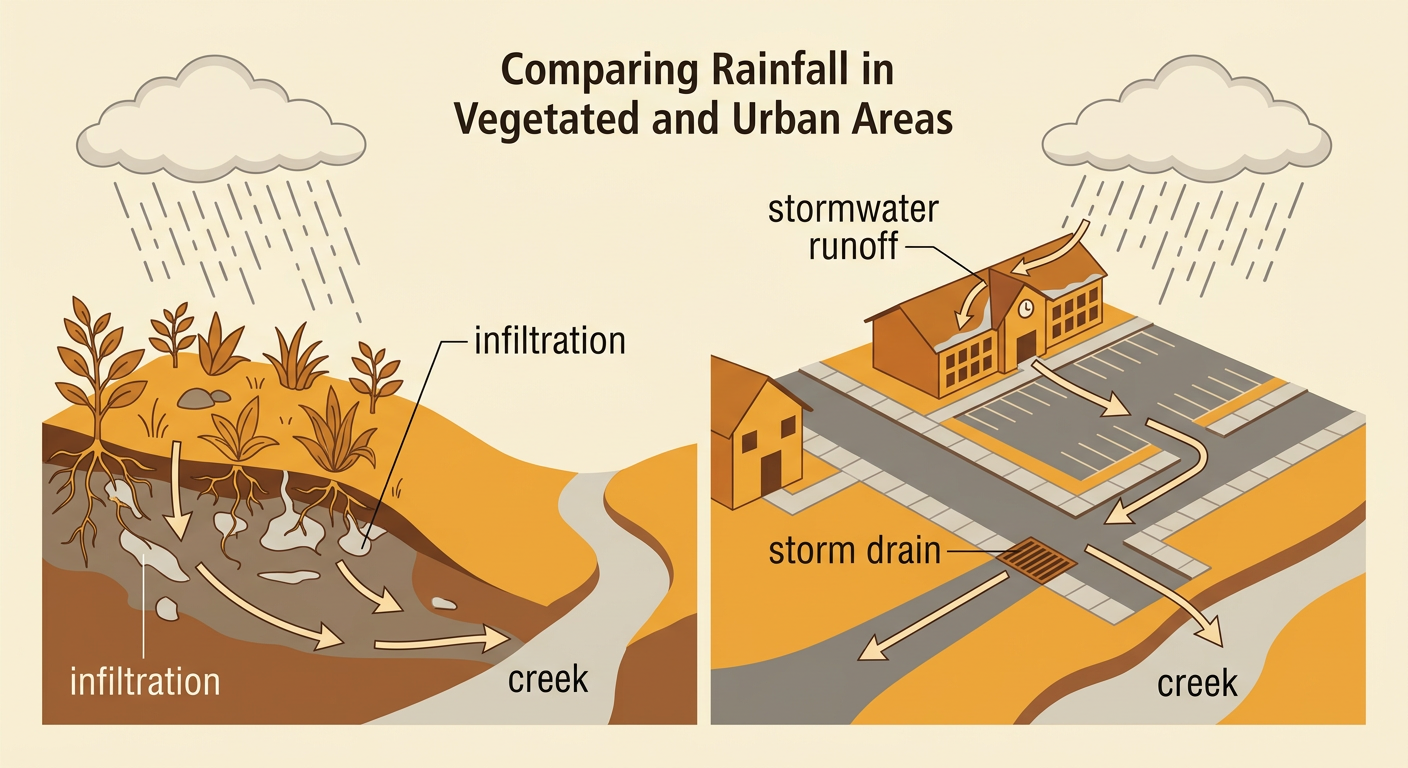 Rain flows across a school parking lot into a storm drain and then a creek, while nearby soil absorbs water.