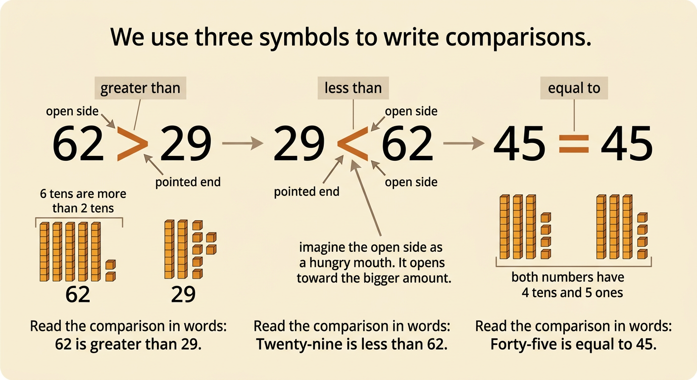 A comparison chart shows 62 > 29, 29 < 62, and 45 = 45, with the symbol names beside each example.