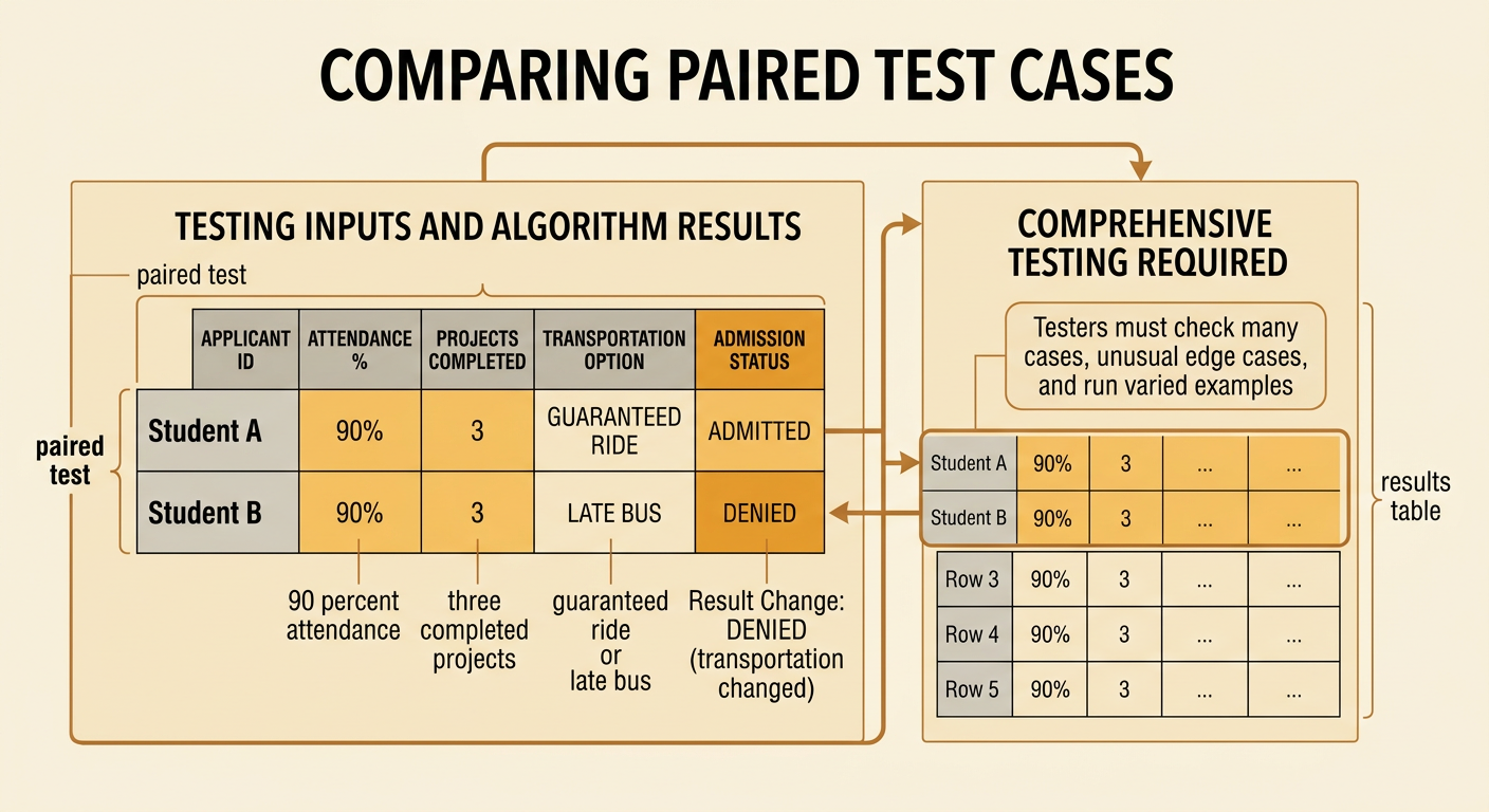 A paired test table compares two equally qualified students whose only difference is having a guaranteed ride or using the late bus.