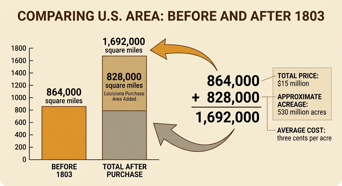 A number diagram compares the nation's area before and after the Louisiana Purchase.