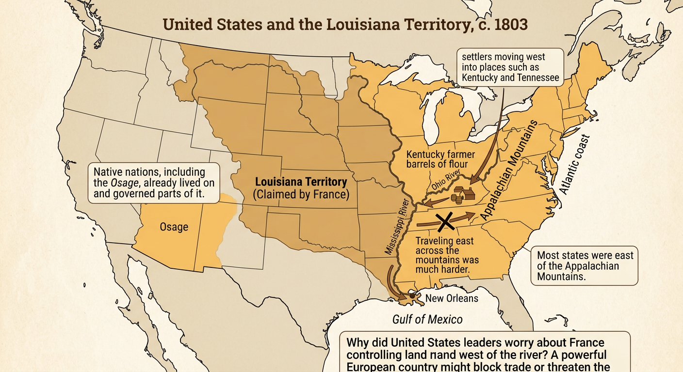 A map shows the United States before 1803, western river routes, and the Louisiana Territory.