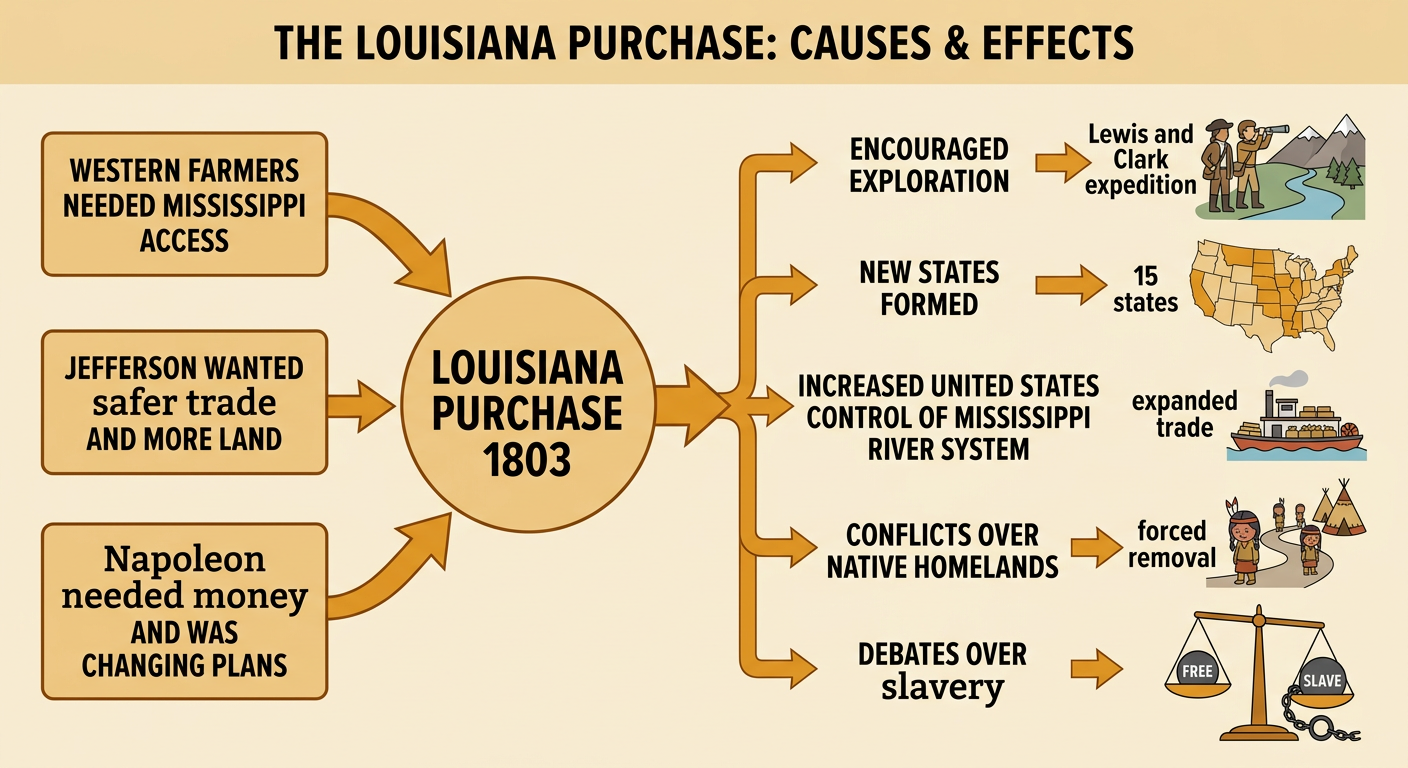 A cause-and-effect chart connects trade and French needs to exploration, migration, and conflict.