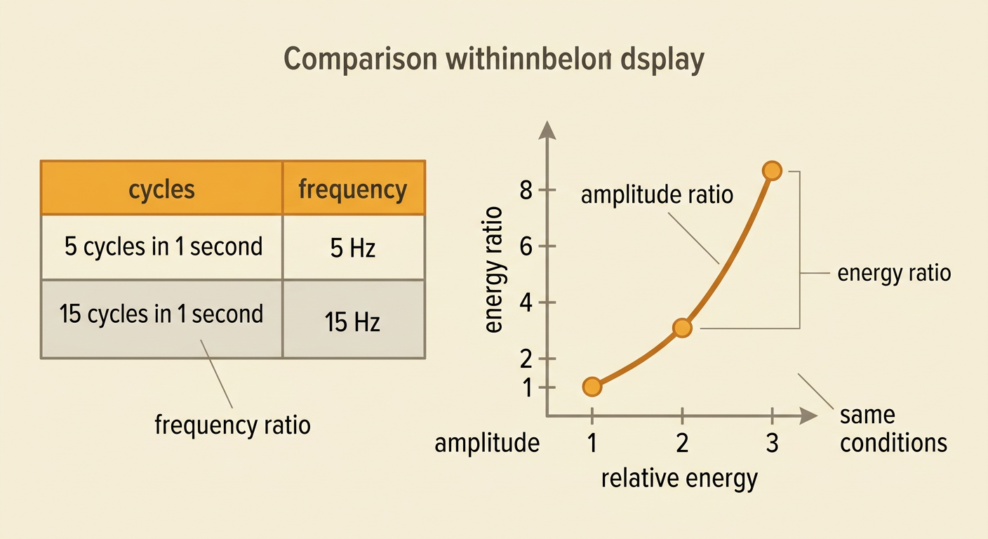 A comparison chart shows how cycle counts determine frequency ratios and squared amplitudes determine energy ratios.