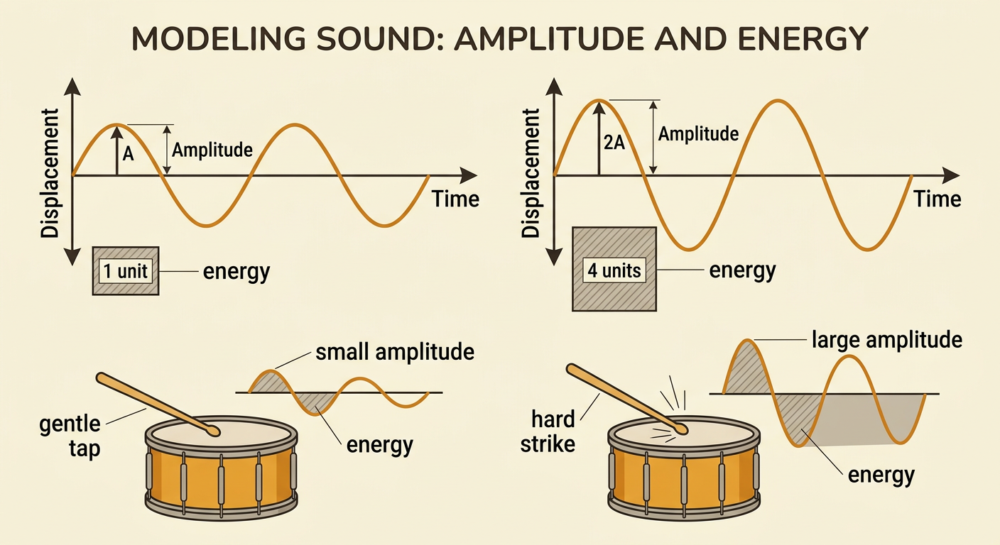 Two drum strikes create small- and large-amplitude wave models with different amounts of transferred energy.