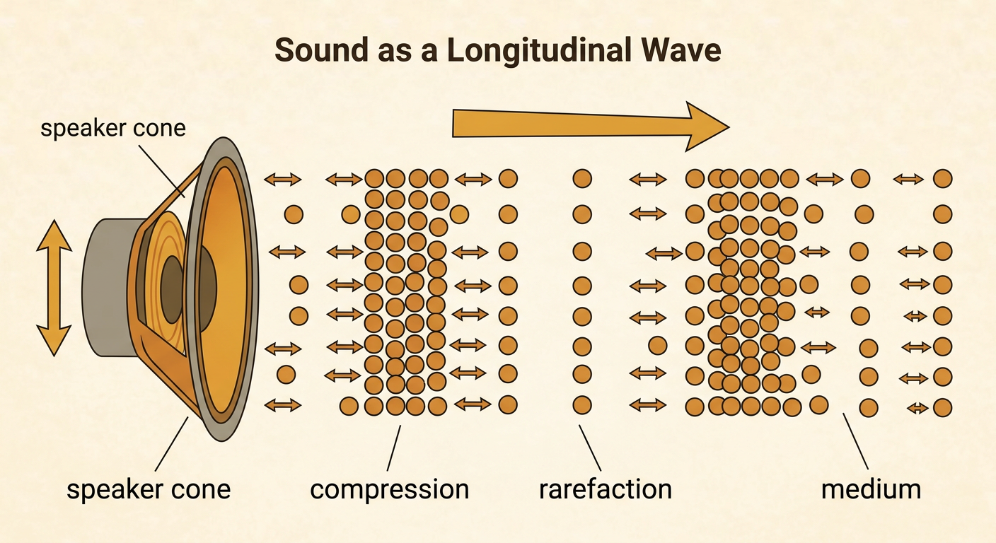 A vibrating speaker pushes air particles into alternating crowded and spread-out regions while energy travels toward a listener.