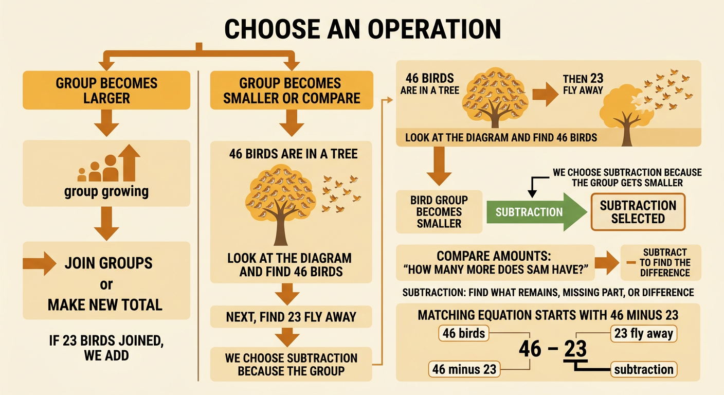 A tree starts with 46 birds while 23 birds fly away, showing that the group becomes smaller.