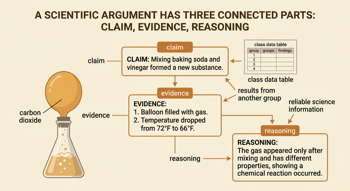 A three-part organizer connects a claim about the reaction to measured evidence and scientific reasoning.