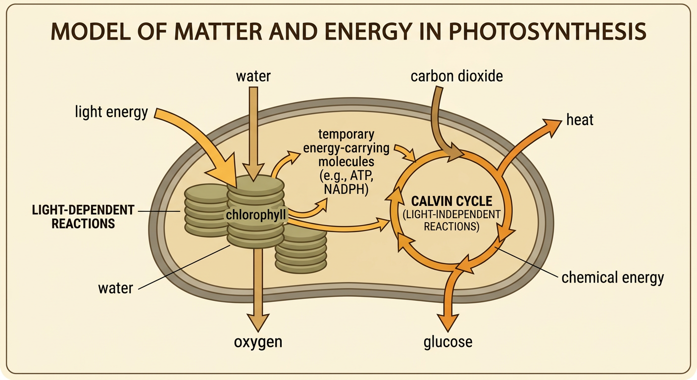 An energy-and-matter flow model shows a greenhouse tomato plant receiving lamp light and producing sugar while releasing heat.