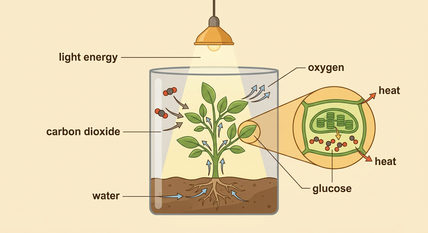 A sealed transparent chamber model shows matter and energy entering, changing form, and leaving or becoming stored.