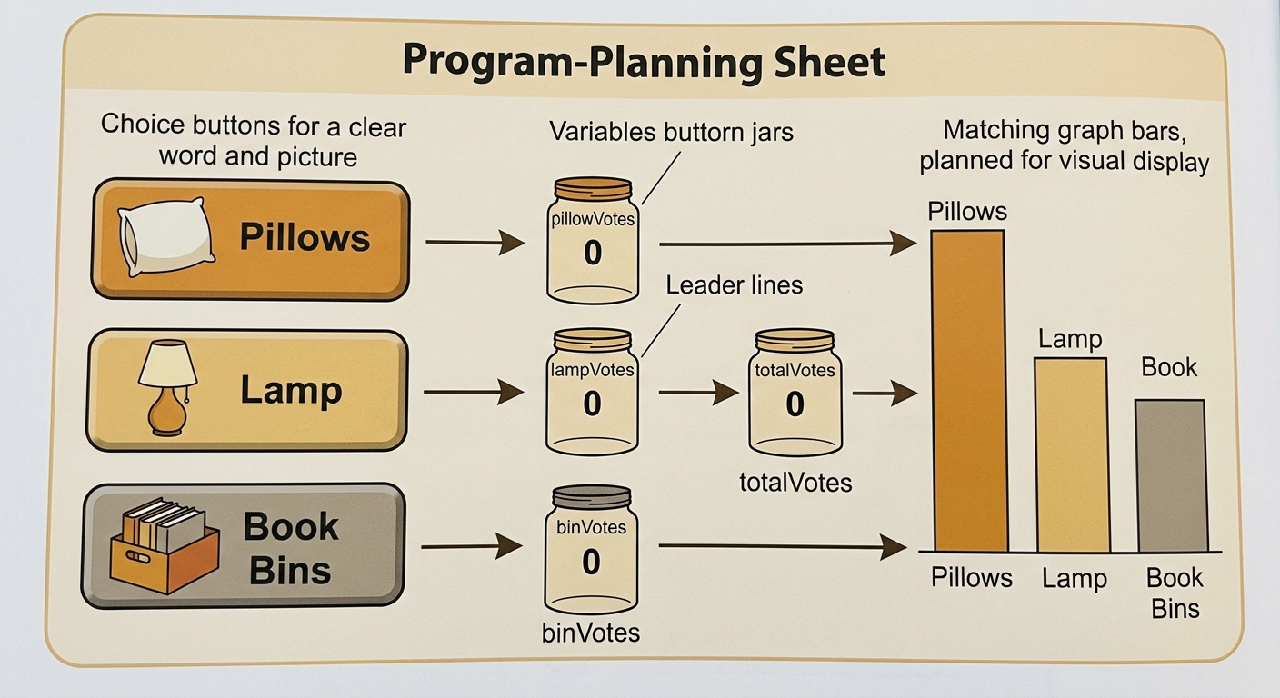 A program plan connects three picture buttons to named vote variables and matching colored graph bars.