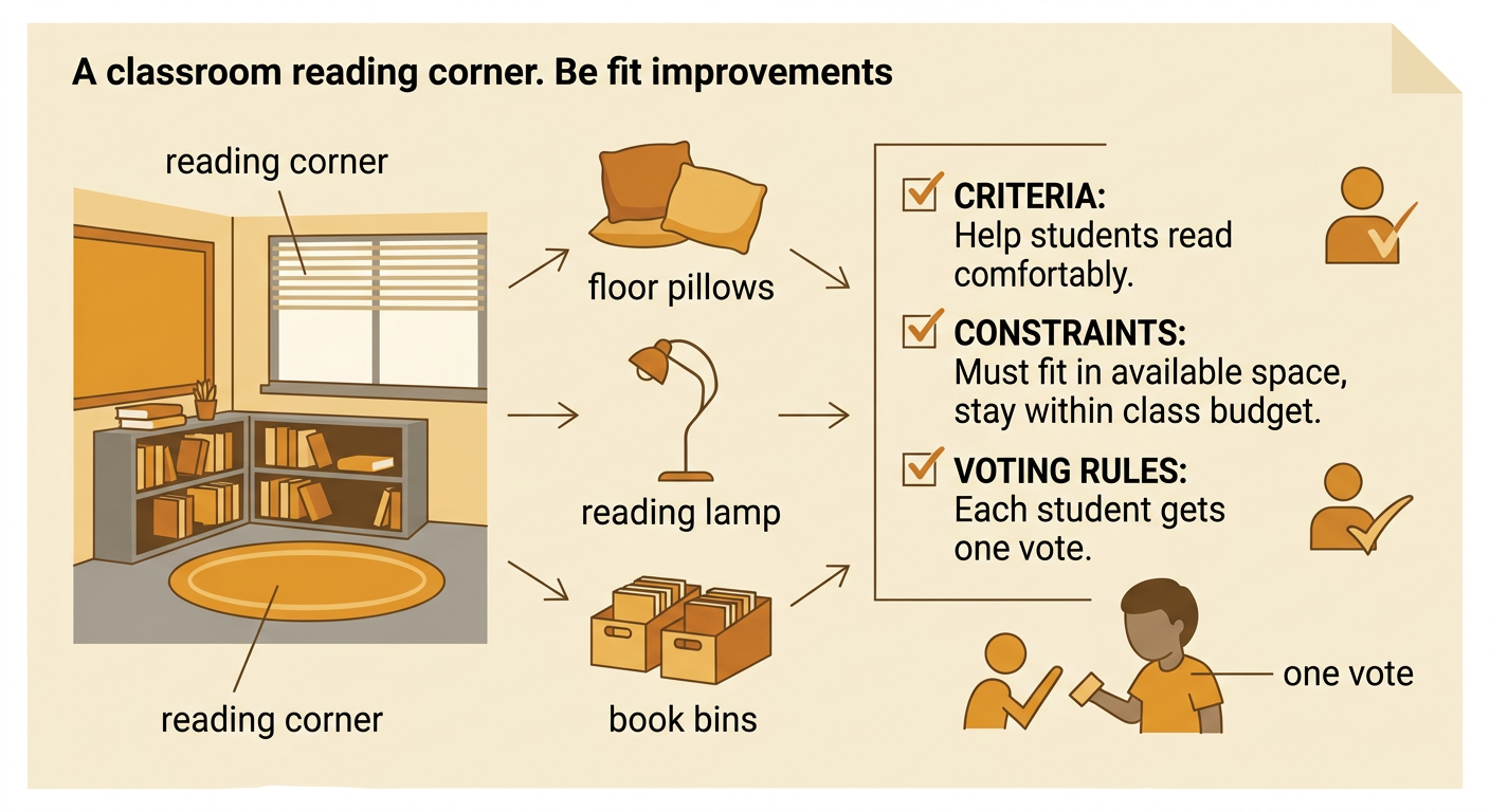 A classroom reading corner is shown with three possible improvements and a fair-voting reminder.