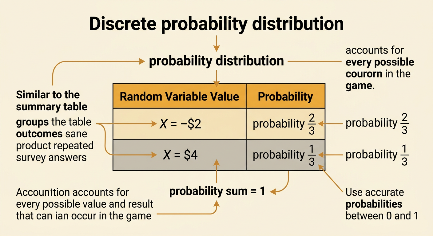 A two-row probability table pairs each possible net winning with its probability and shows that the probabilities total one.