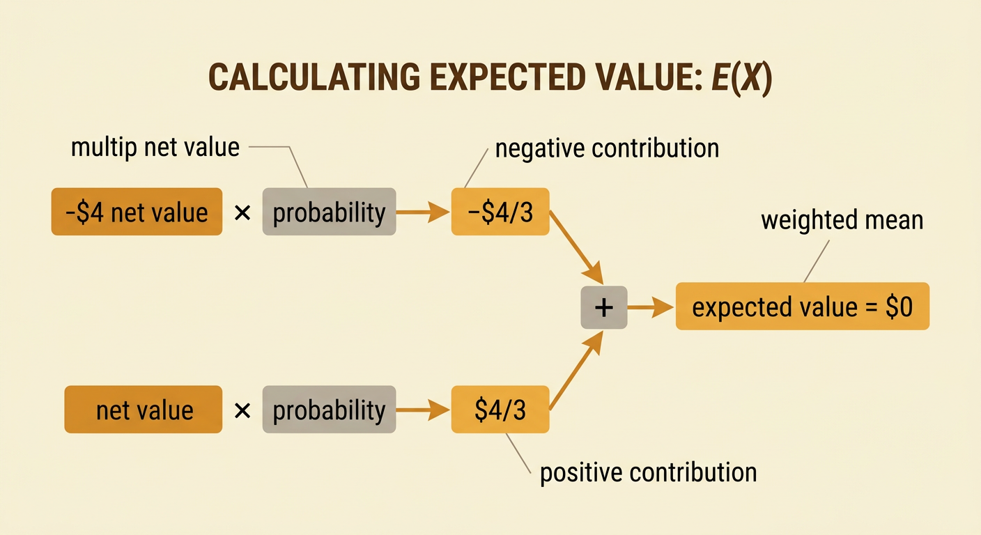 An expected-value equation shows the loss contribution and win contribution canceling to zero.