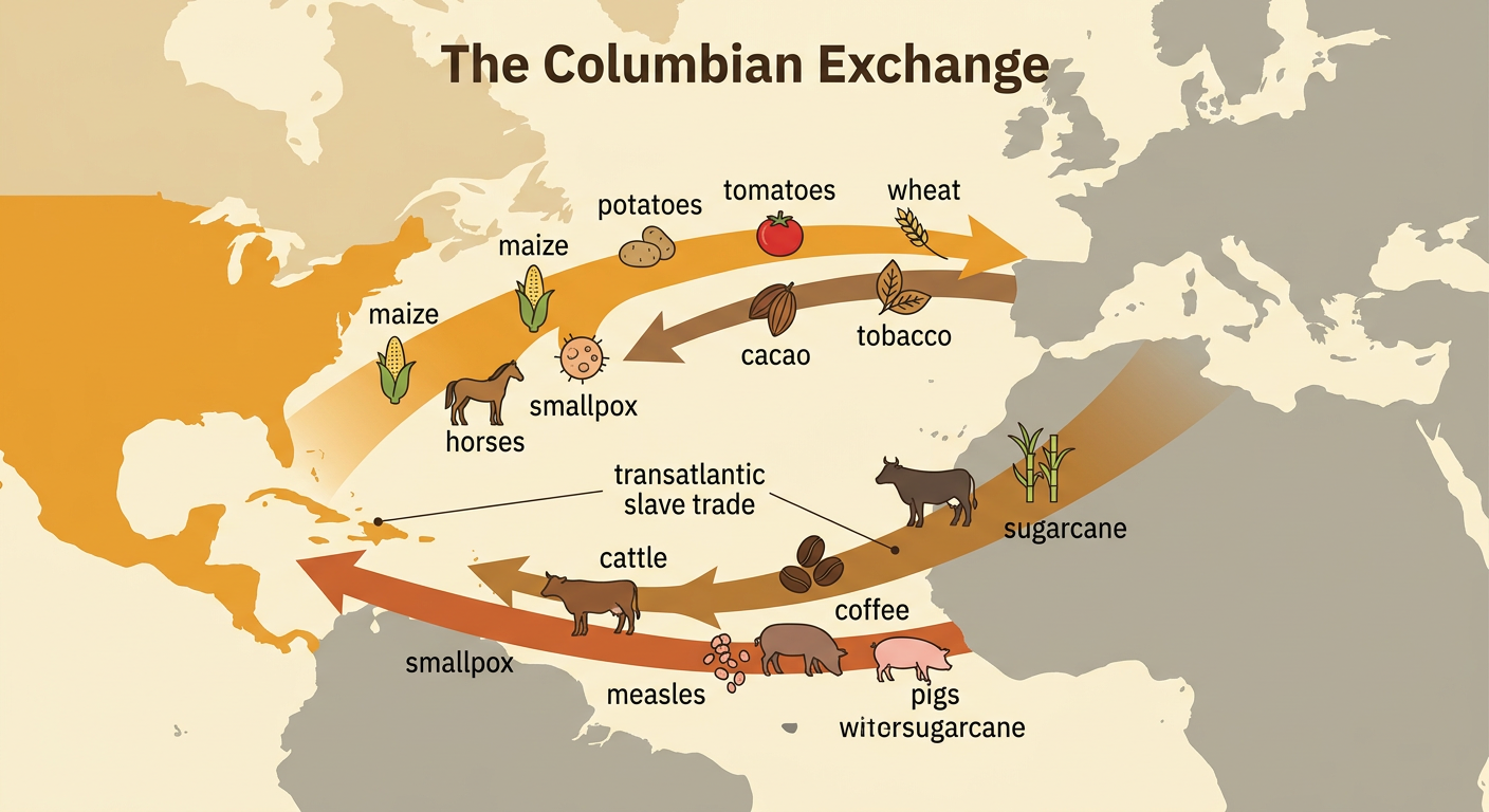 A two-way Atlantic map shows maize traveling east, horses traveling west, and forced human movement toward the Americas.