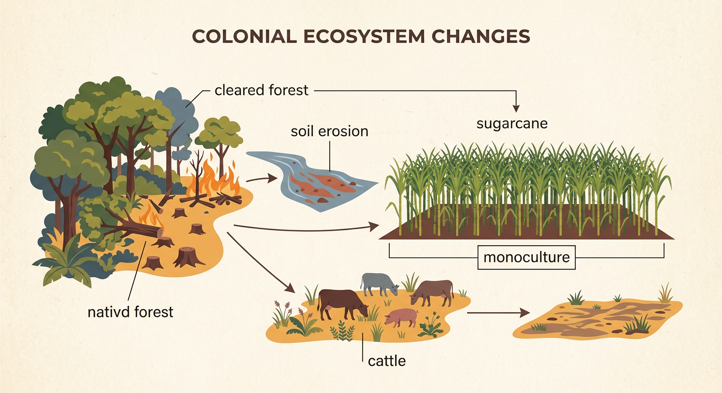 A Caribbean sugar plantation replaces a forest while livestock disturb plants and soil nearby.