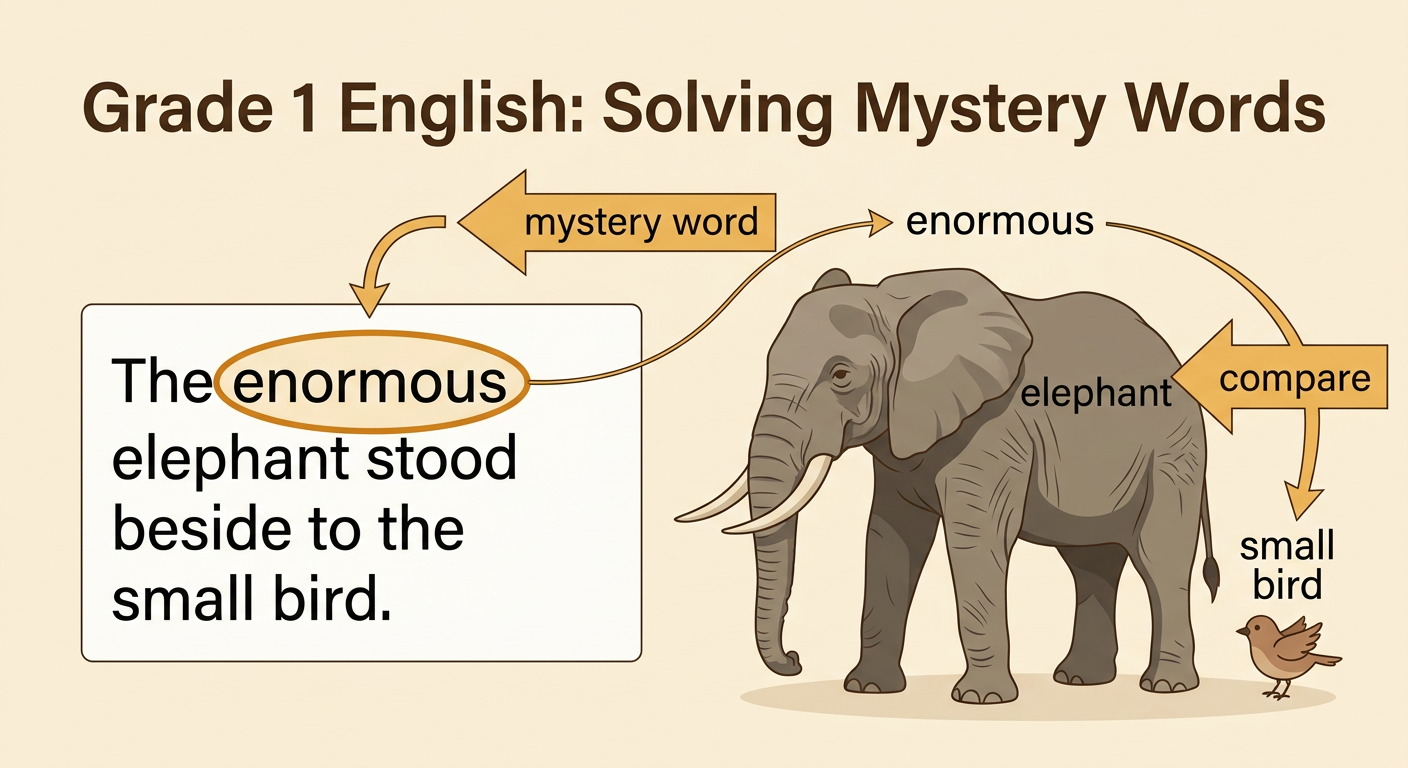 A very large elephant stands beside a tiny bird, with the mystery word connected to the elephant.