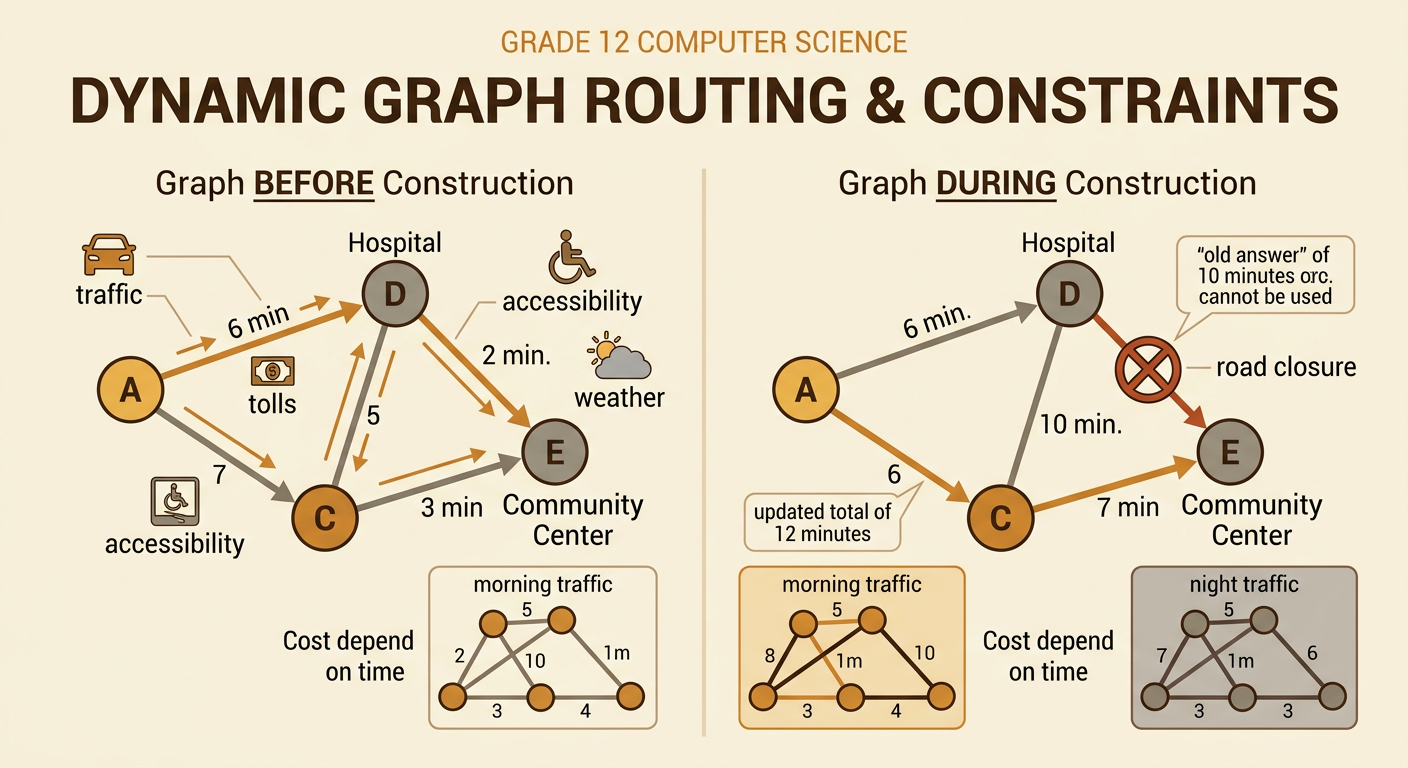 An updated network marks a closed road and contrasts morning and night travel conditions while showing the new route.