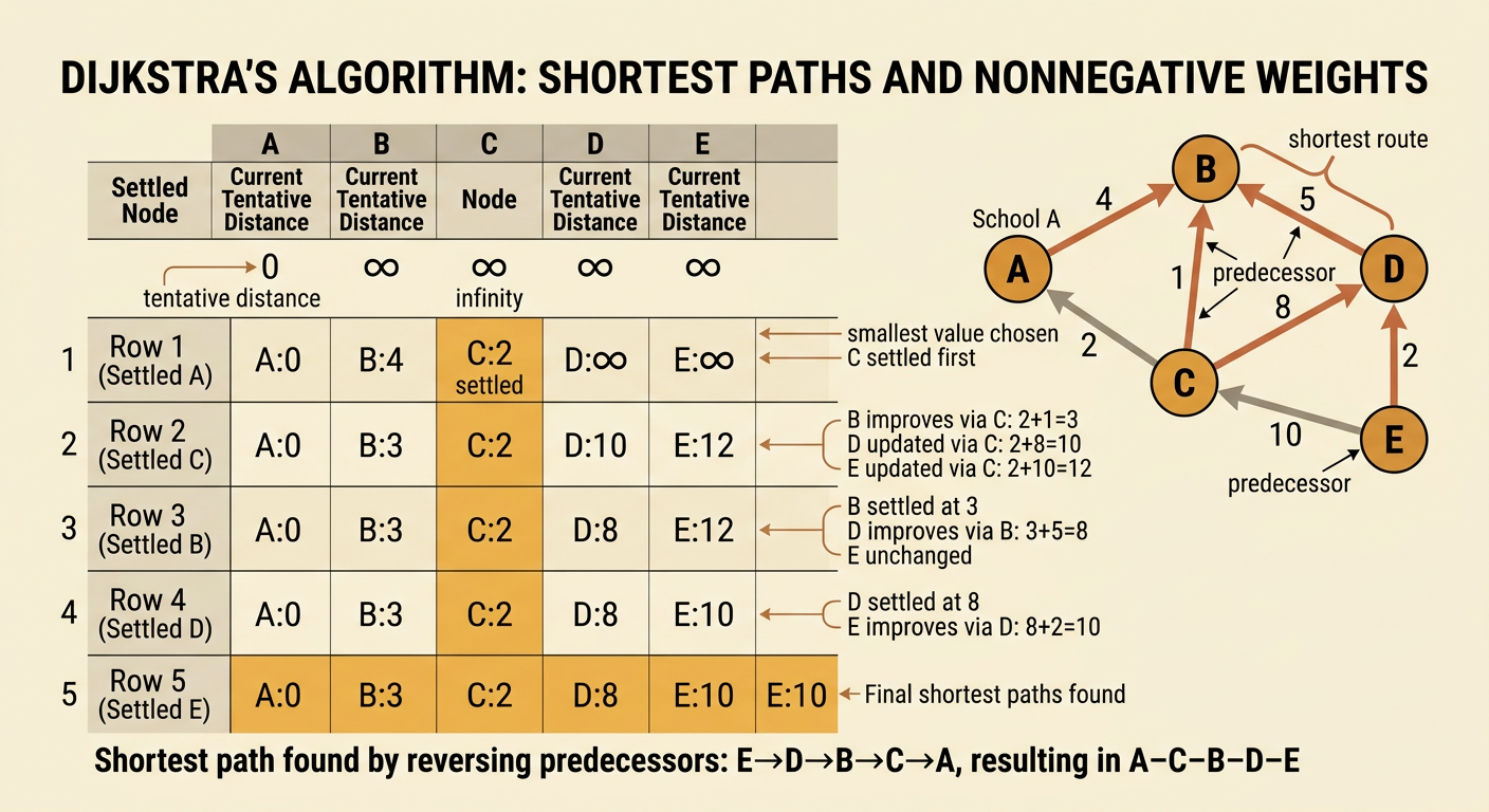 The full network shows final distances, settled nodes, and predecessor arrows tracing the shortest route from A to E.