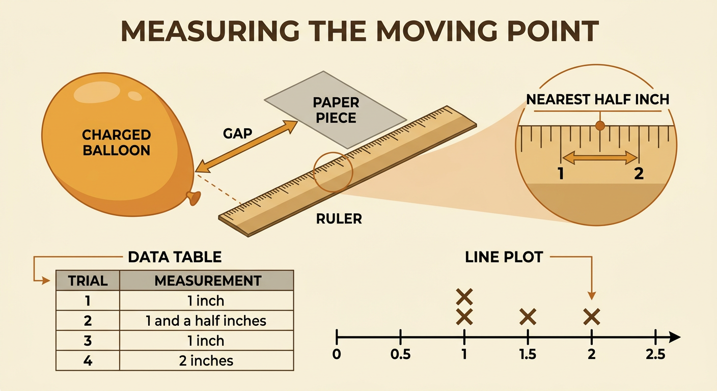 A ruler measures the gap between a balloon and paper beside a data table and line plot of four trials.