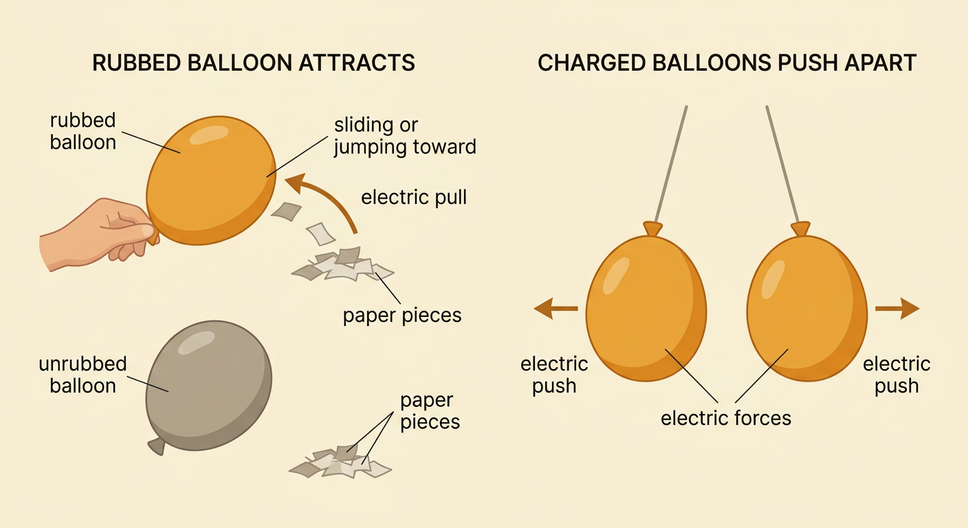 A comparison diagram shows paper jumping toward a rubbed balloon, staying still near an unrubbed balloon, and two rubbed balloons pushing apart.