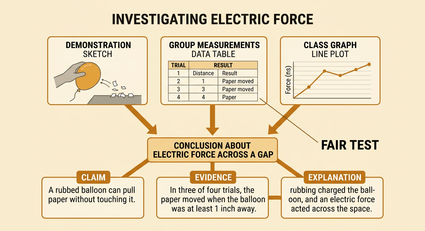 A group compares a claim, measured evidence, and an explanation before planning a new fair test.