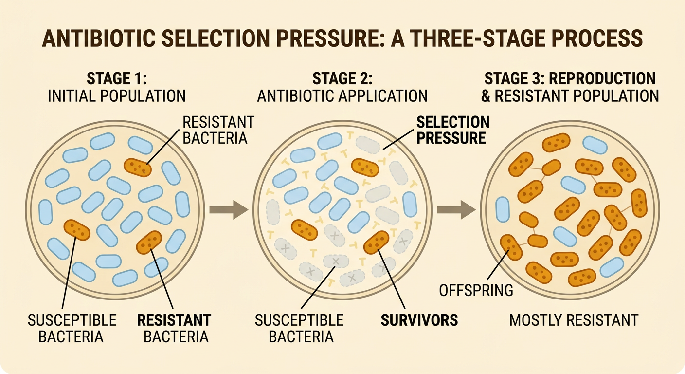 A three-stage sequence shows antibiotic treatment killing susceptible cells while resistant survivors reproduce into a resistant population.