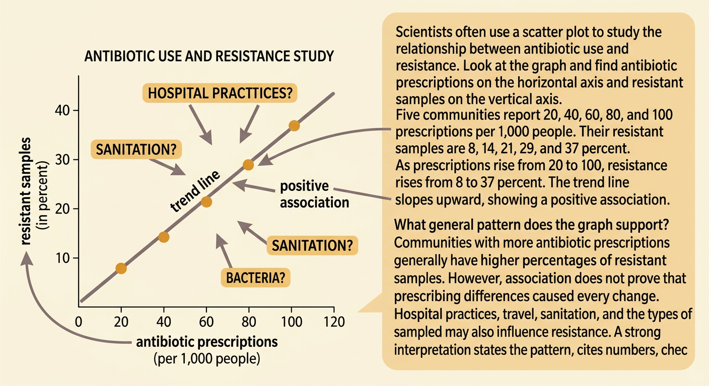 A scatter plot displays five communities with an upward trend between prescription rates and percentages of resistant bacterial samples.