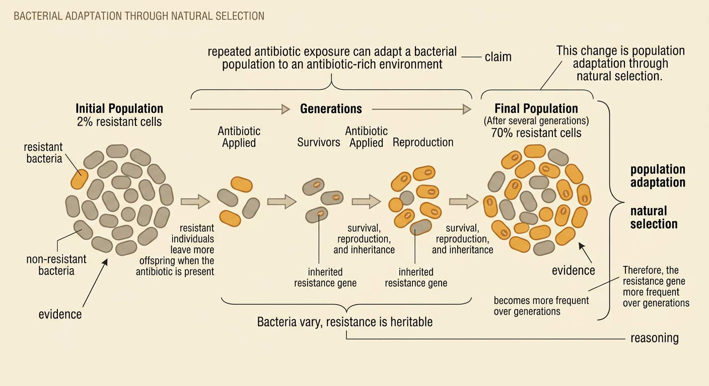A claim-evidence-reasoning model shows resistance rising from 2 percent to 70 percent as an inherited gene spreads over generations.