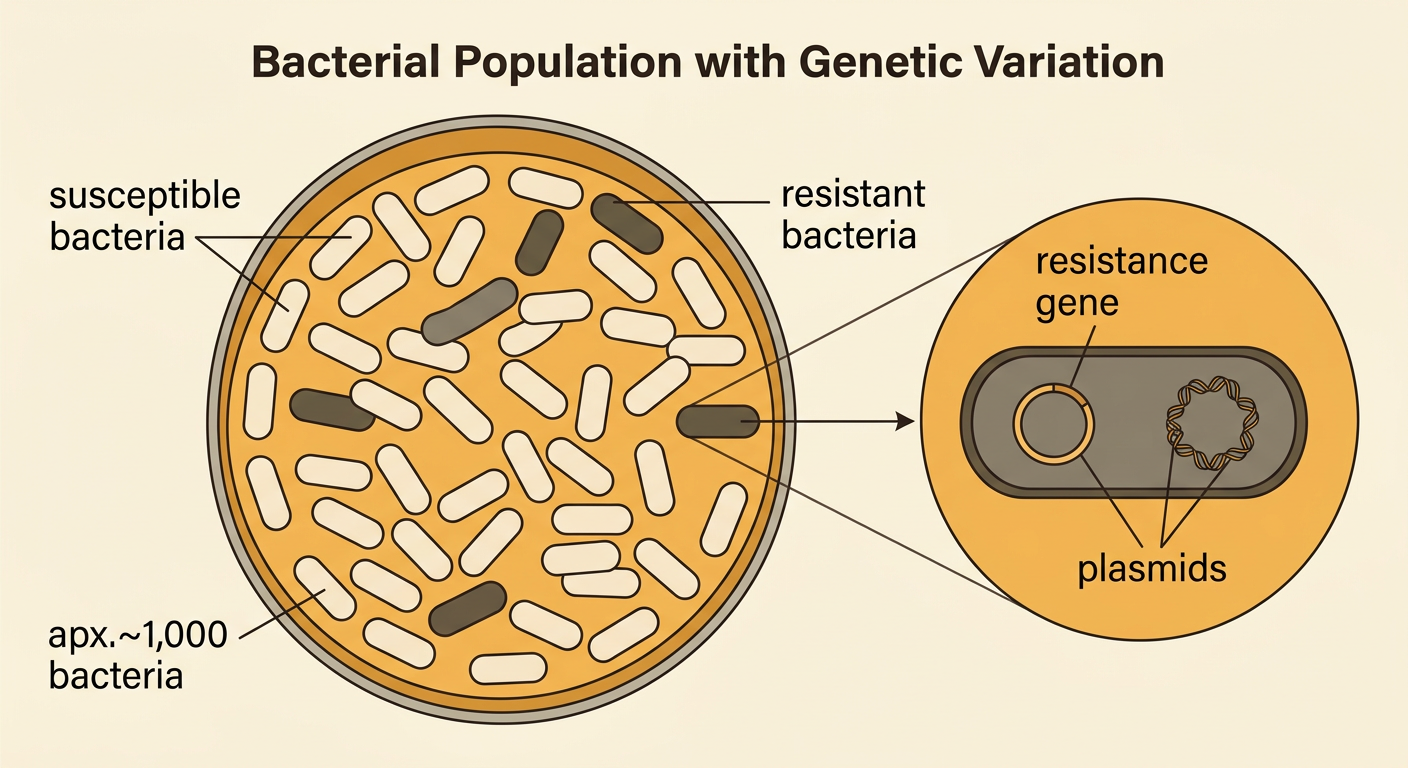 A bacterial population diagram shows 990 susceptible cells and 10 resistant cells carrying plasmids before antibiotic treatment.