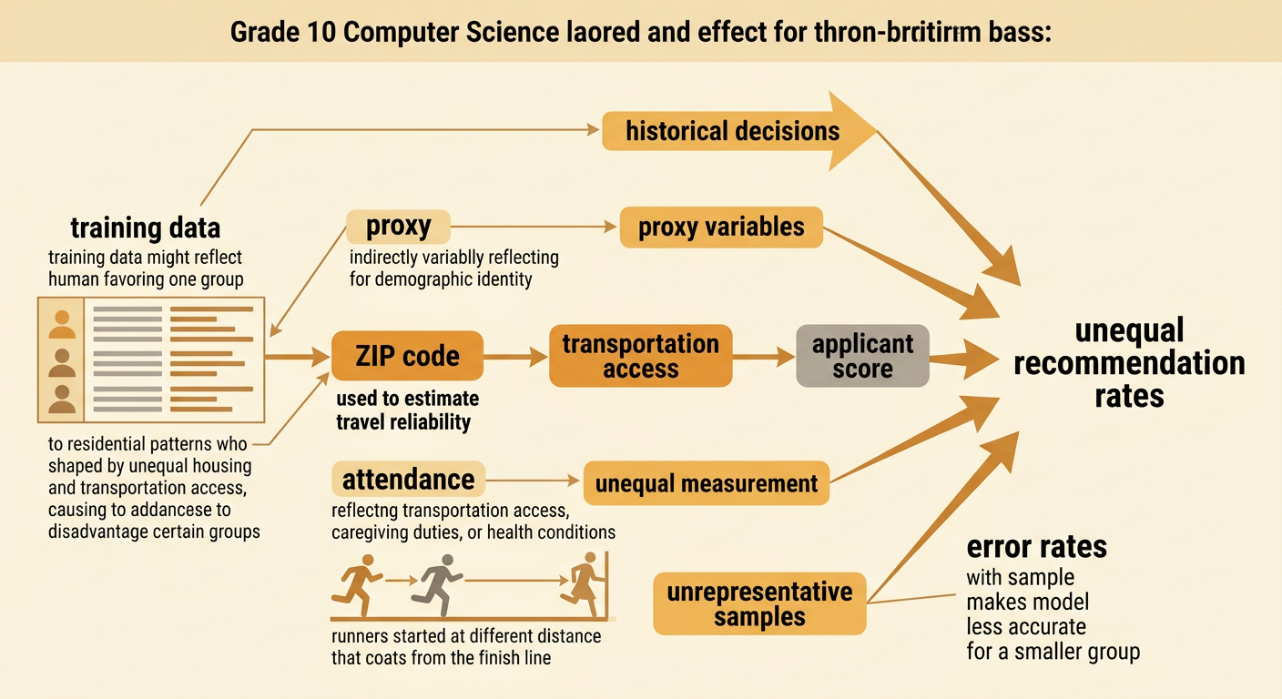 A system pipeline highlights several possible entry points for bias in applicant evaluation.
