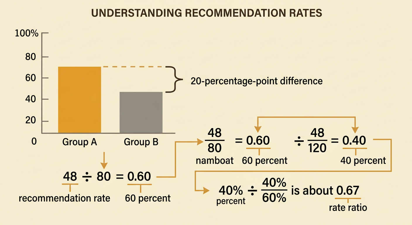A comparison diagram shows the calculations for each group’s recommendation rate and the rate ratio.