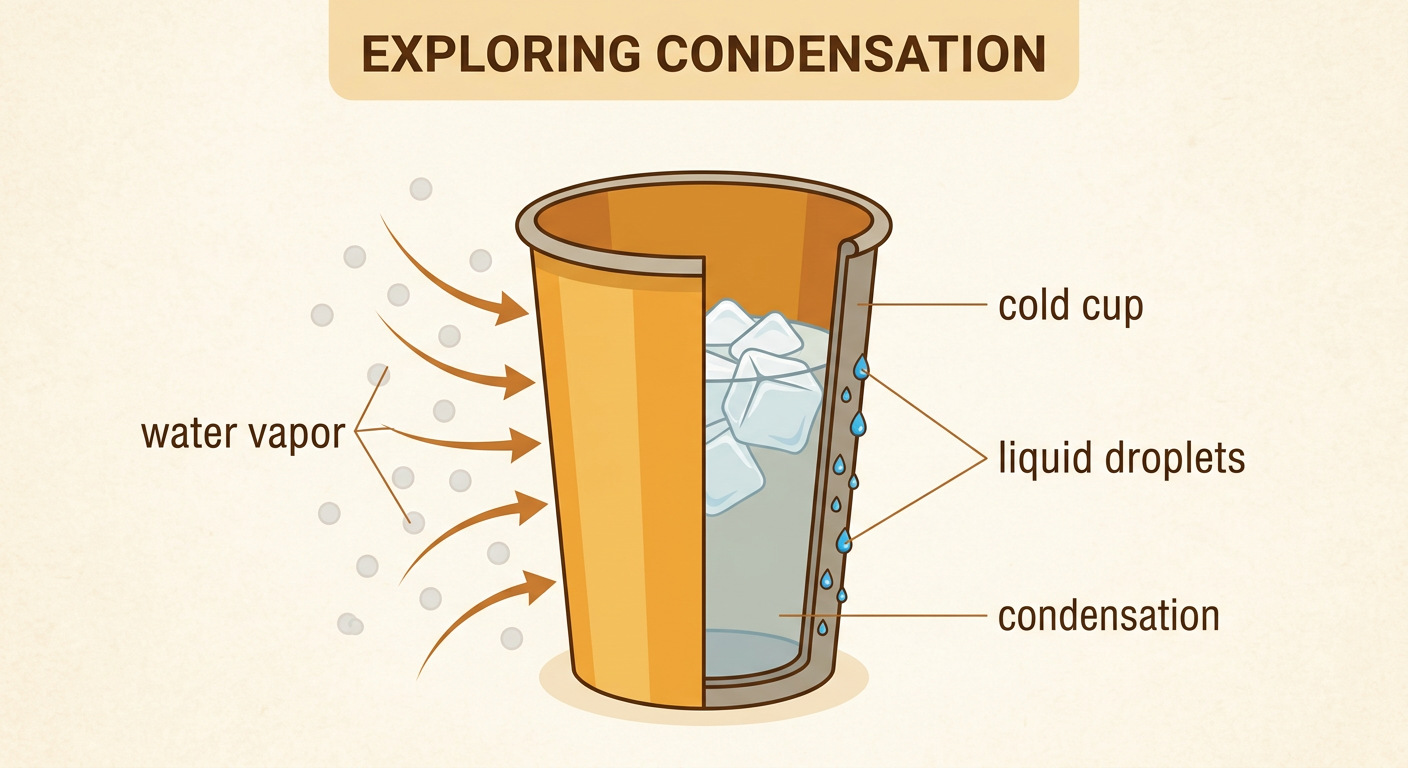 Liquid droplets form as water vapor in the air touches the outside of an ice-cold metal cup.
