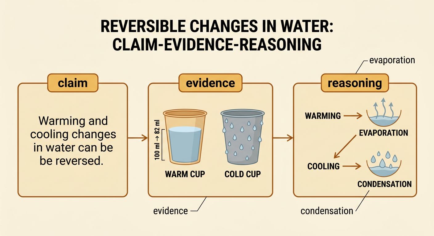 A claim-evidence-reasoning chart connects the warm cup measurements and cold cup droplets to reversible water changes.