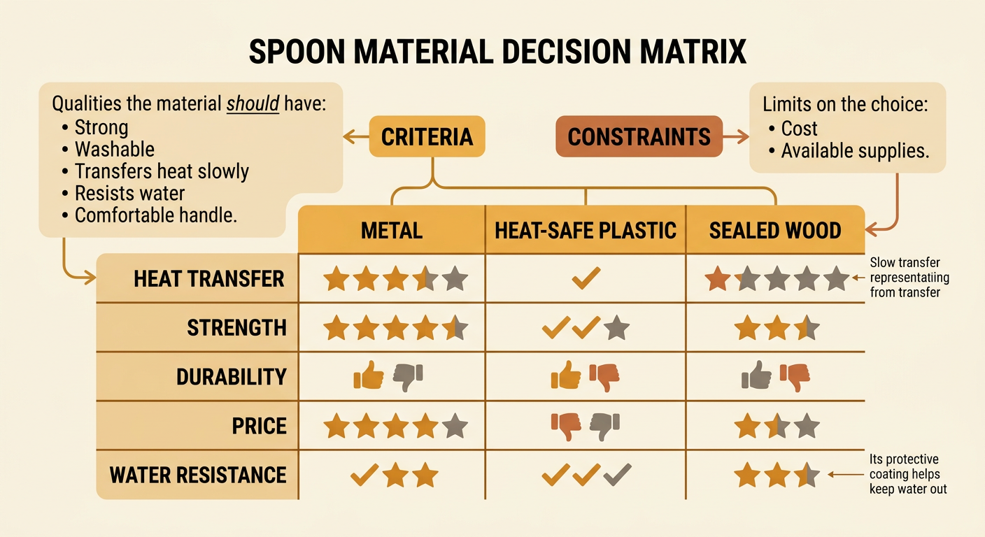 Metal, plastic, and sealed wooden soup spoons are compared for heat, strength, comfort, and cost.