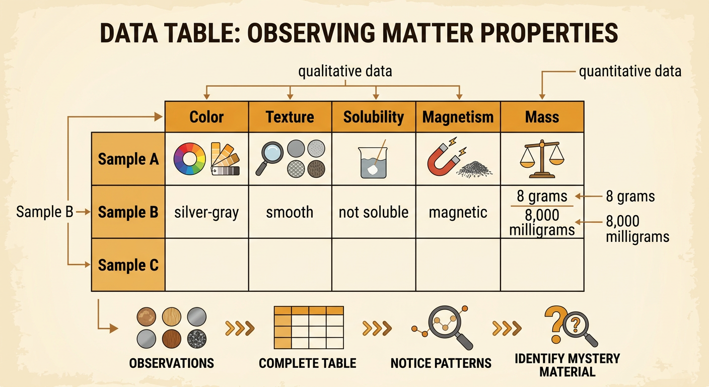 An organized data table shows descriptive observations and measured results for Sample B.