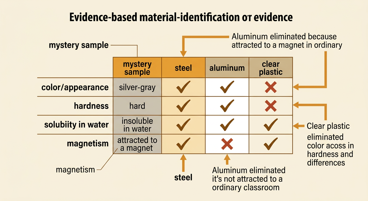 A comparison chart matches a silver-gray mystery sample to steel while crossing out aluminum and clear plastic.