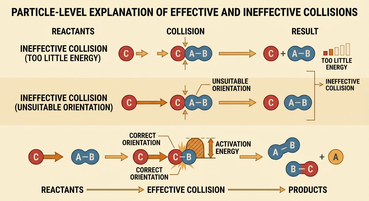 A particle diagram contrasts effective and ineffective collisions between molecule A–B and molecule C across an energy barrier.