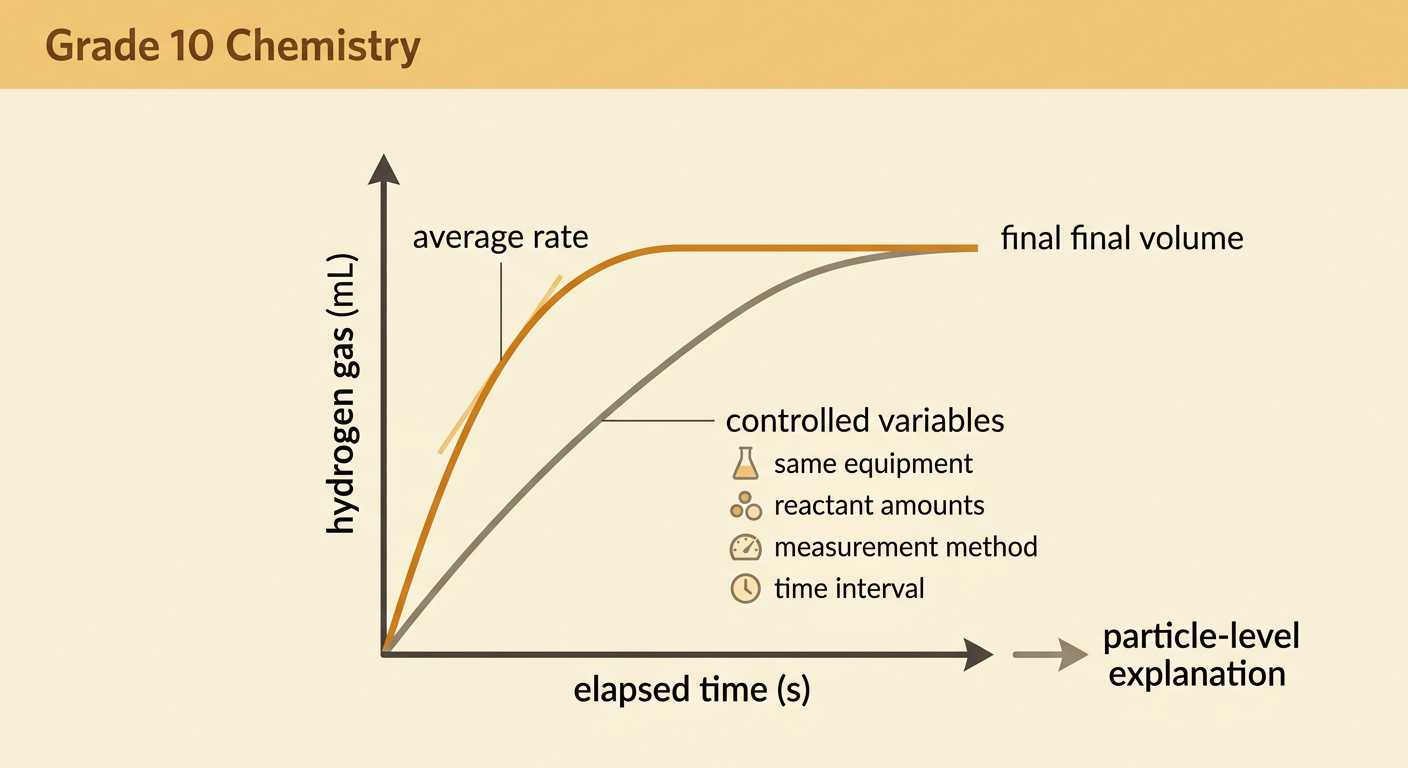 A product-versus-time graph compares steep and gradual hydrogen gas production lines beside the rate calculation.